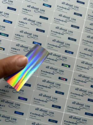 Etichette del flaconcino GHK-CU 5MG con effetto luccicante laser