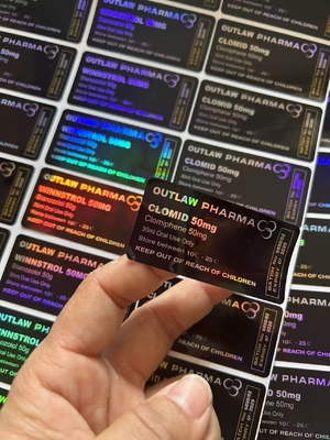 Etichette personalizzate per flaconi di plastica Clomid 50mg  Etichette con sfondo nero e stampa laser di parole
