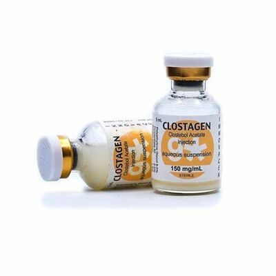 Etichette e scatole in vetro da 10 ml di acetato di Clostebol con polvere di purezza al 99%.